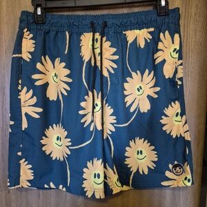 Neff Swim Trunks Mens XL Green Yellow Daisy Flower Drawstring Pockets FUN Style